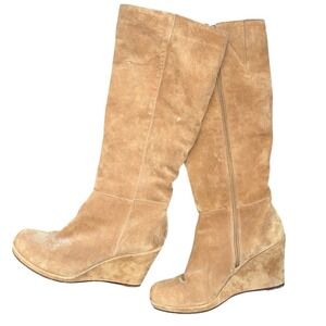 Sleazy Wedge Tan Suede Wedge Knee High Boots Women Size 8 Camel Leather 122598